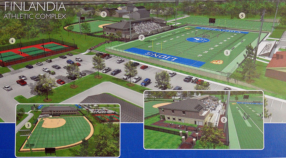 A number of major changes are occurring. The current football field is changing from an E/W orientation, to a N/S layout. It will be enlarged to accommodate regulation soccer play, and will have a synthetic playing surface (the same as MTUs).  A softball field will be constructed on the south side of the complex, and a new Field House and Grandstand will be constructed between the two. Lights will also be added to both fields for evening games, something here-to-for not available. A practice football field in also in future plans. Track and field events will also be held here. (Image by Finlandia University).